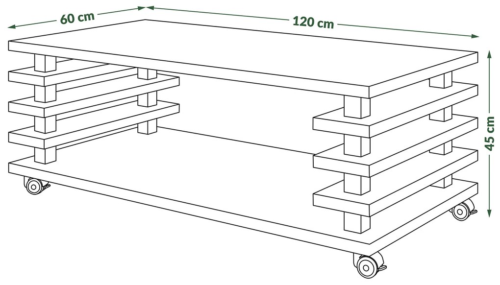 Mazzoni PORTO Beton Deschis Atelier - MĂSUȚĂ DE CAFEA MODERNĂ CU LAMELE 2în1 PE ROȚI/PICIOARE