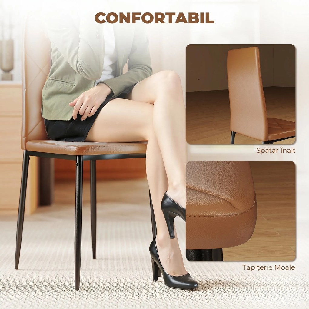 HOMCOM Set de 6 Scaune de Dining Moderne cu Spătar Înalt, din Piele Ecologică și Oțel, 41x50x97 cm, Maro | Aosom Romania