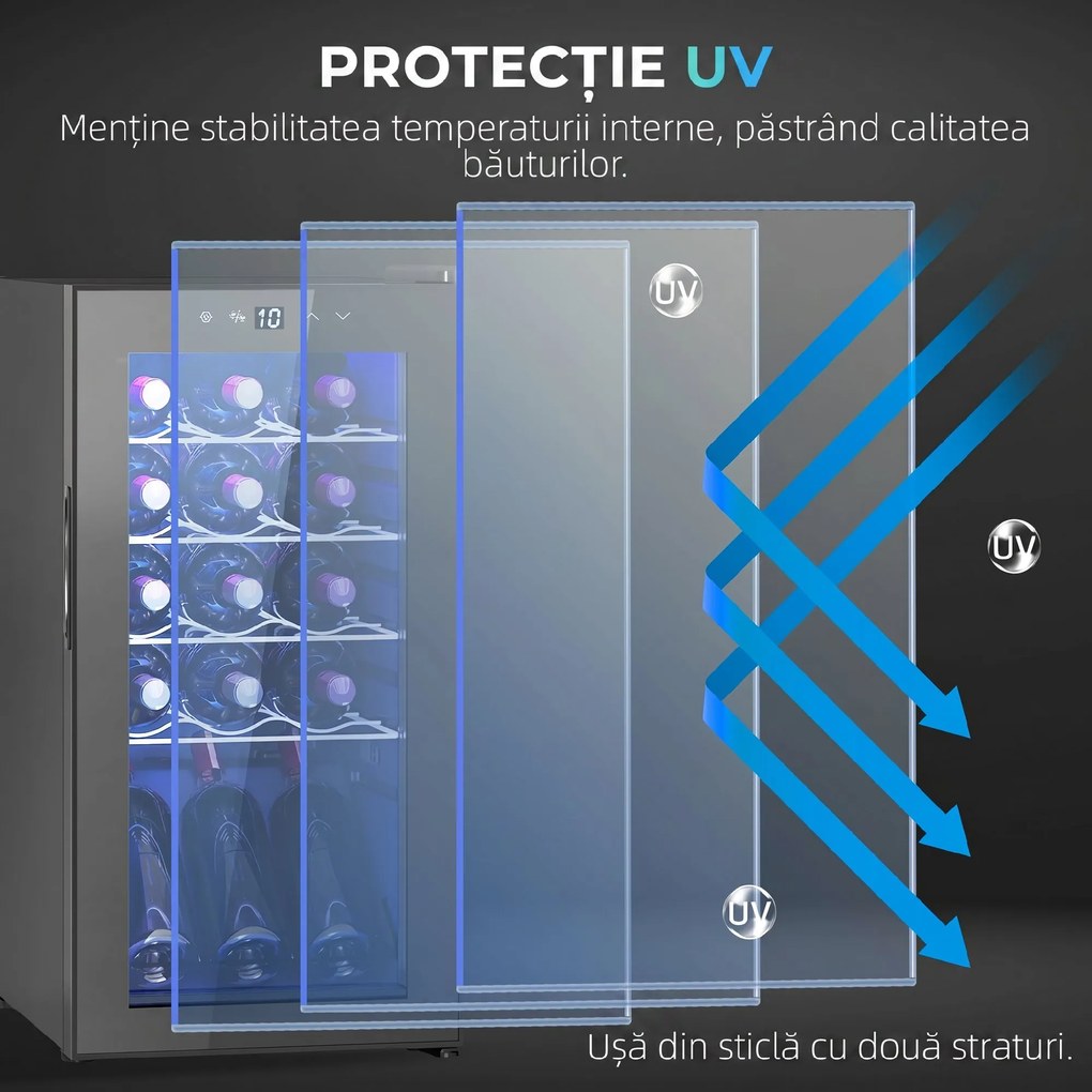 HOMCOM Frigider pentru Vinuri de 15 Sticle cu Geam Anti-UV, Compresor și Rafturi Reglabile, 34,5x45x69 cm, Negru | Aosom Romania