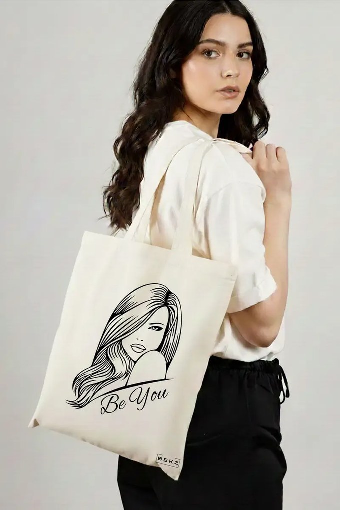 Sacosa de Panza pentru Cumparaturi, Geanta Tote, model Be You 3, 38x34.5 cm, Alba, BEKZ®