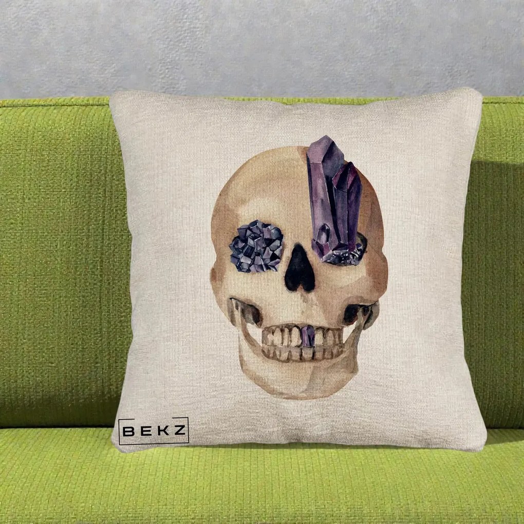 Perna Decorativa Craniu cu Cristale de Ametist, 40x40 cm, Bej Canapea, Husa Detasabila, Perna Inclusa, BEKZ®