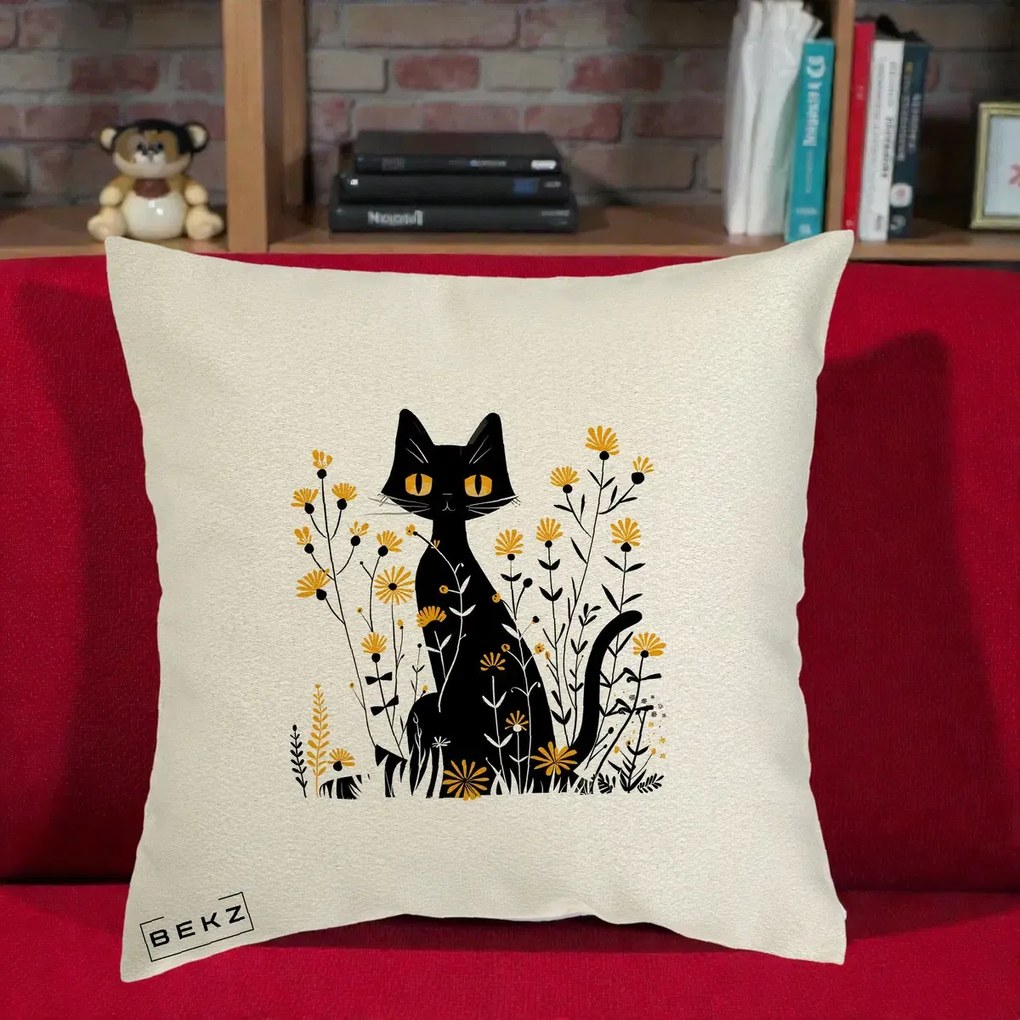 Perna Decorativa Pisica Neagra Ochi Galbeni Flori Galbene, 40x40 cm, Ecru, Husa Detasabila, Perna Inclusa, BEKZ®