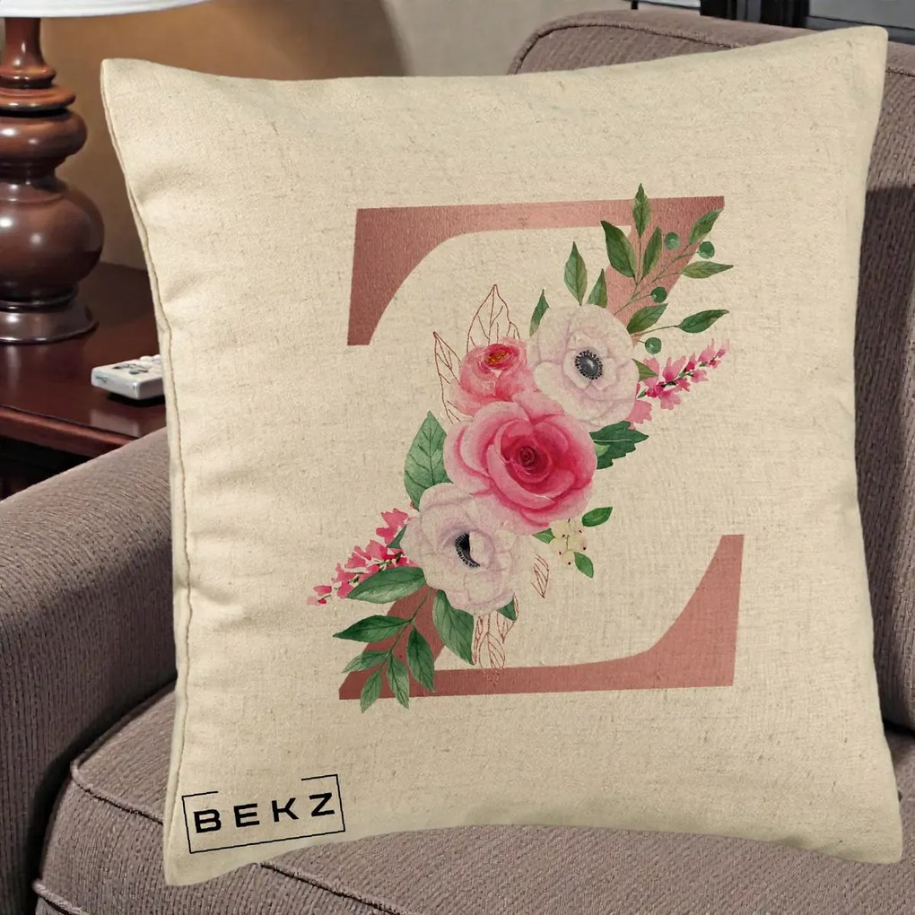 Cadou Personalizat - Perna Personalizata Monograma Rose Gold Litera Z, 40x40 cm, Bej, Husa Detasabila, Perna Inclusa, BEKZ®