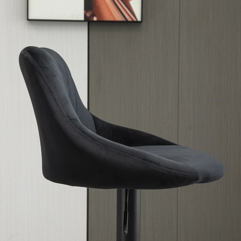 HOMCOM Set de 2 tabureți de bar cu spătar, aspect catifelat, cadru din oțel, scaune de bucătărie reglabile înălțime cu suport pentru picioare, rotative, taburet de bar, negru | Aosom Romania