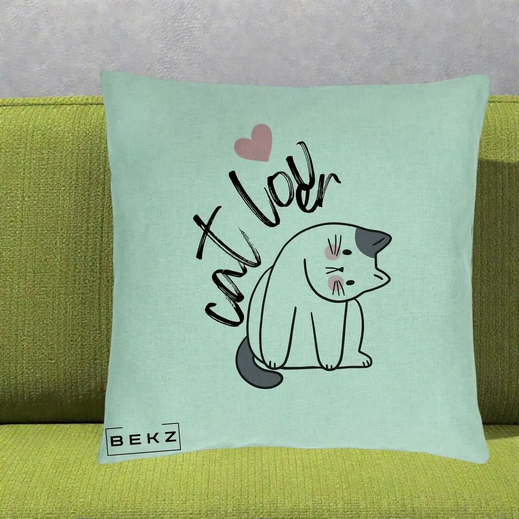 Perna Personalizata Cat Lover Pisica Ilustratie Linie, 40x40 cm, Verde Menta, Husa Detasabila, Perna Inclusa, BEKZ®