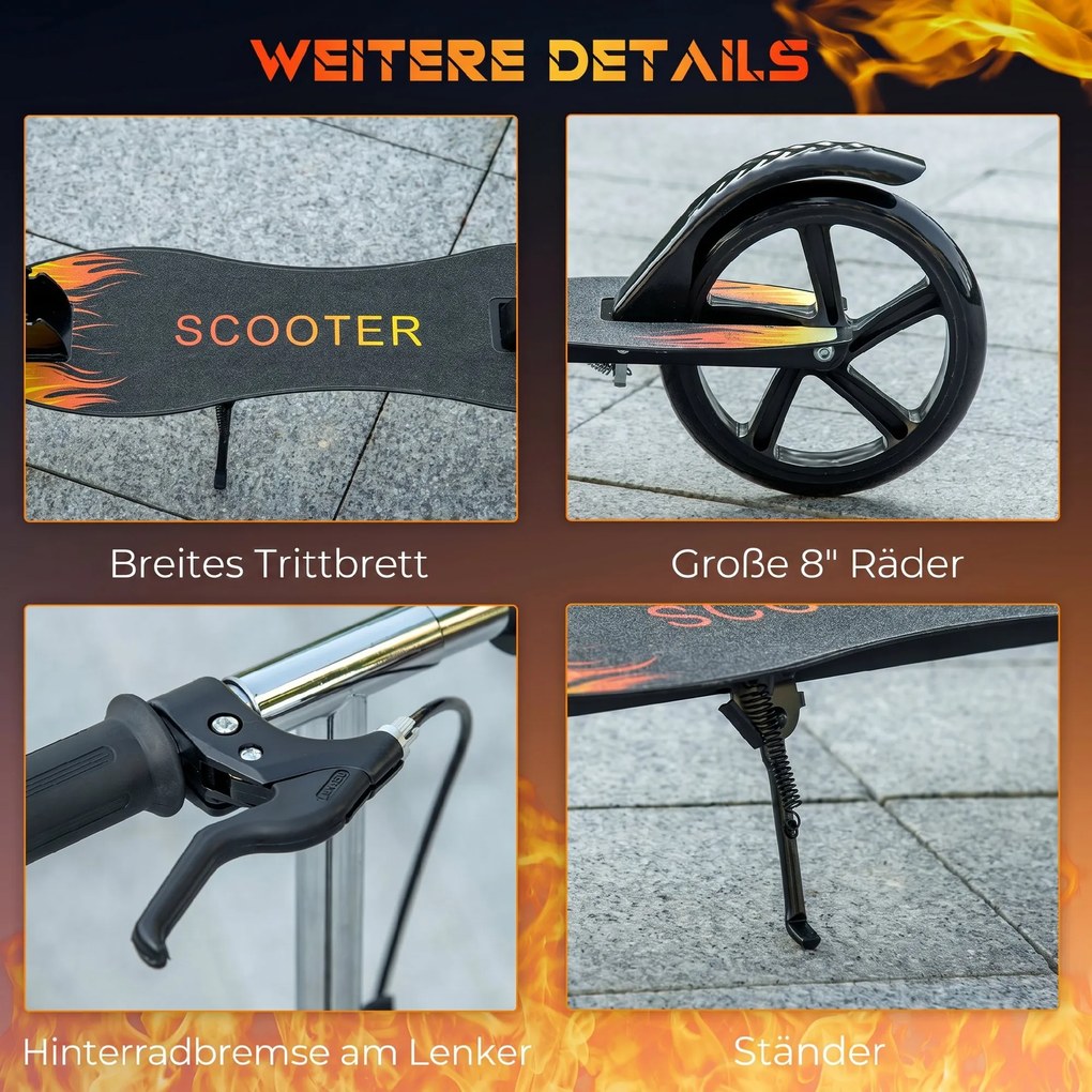 HOMCOM Trotinetă Pliabilă pentru Copii 7-14 Ani, Reglabilă pe 3 Înălțimi, Roți Mari din Plastic și Metal, 86x35x93/98/103 cm, Negru | Aosom Romania
