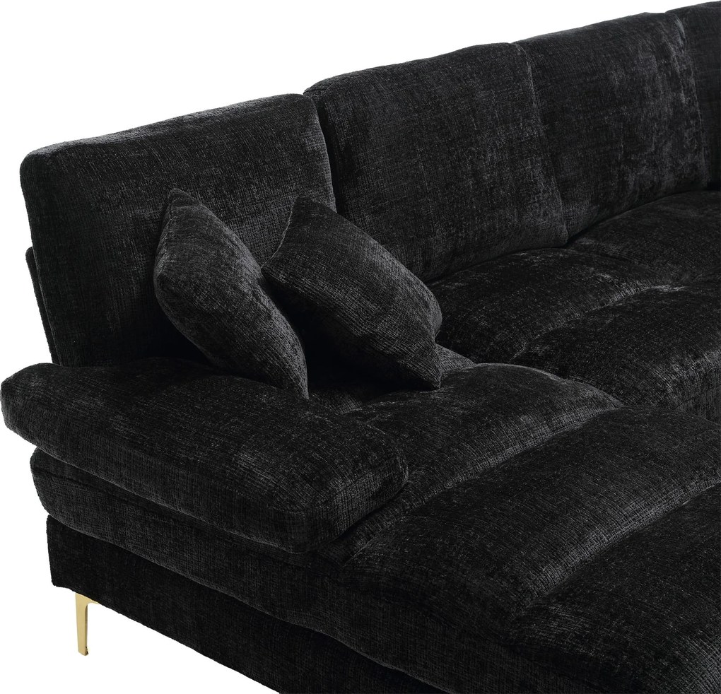 Canapea modulară mare, modernă, în formă de U, din chenille, cu dublu șezlong rabatabil, Negru