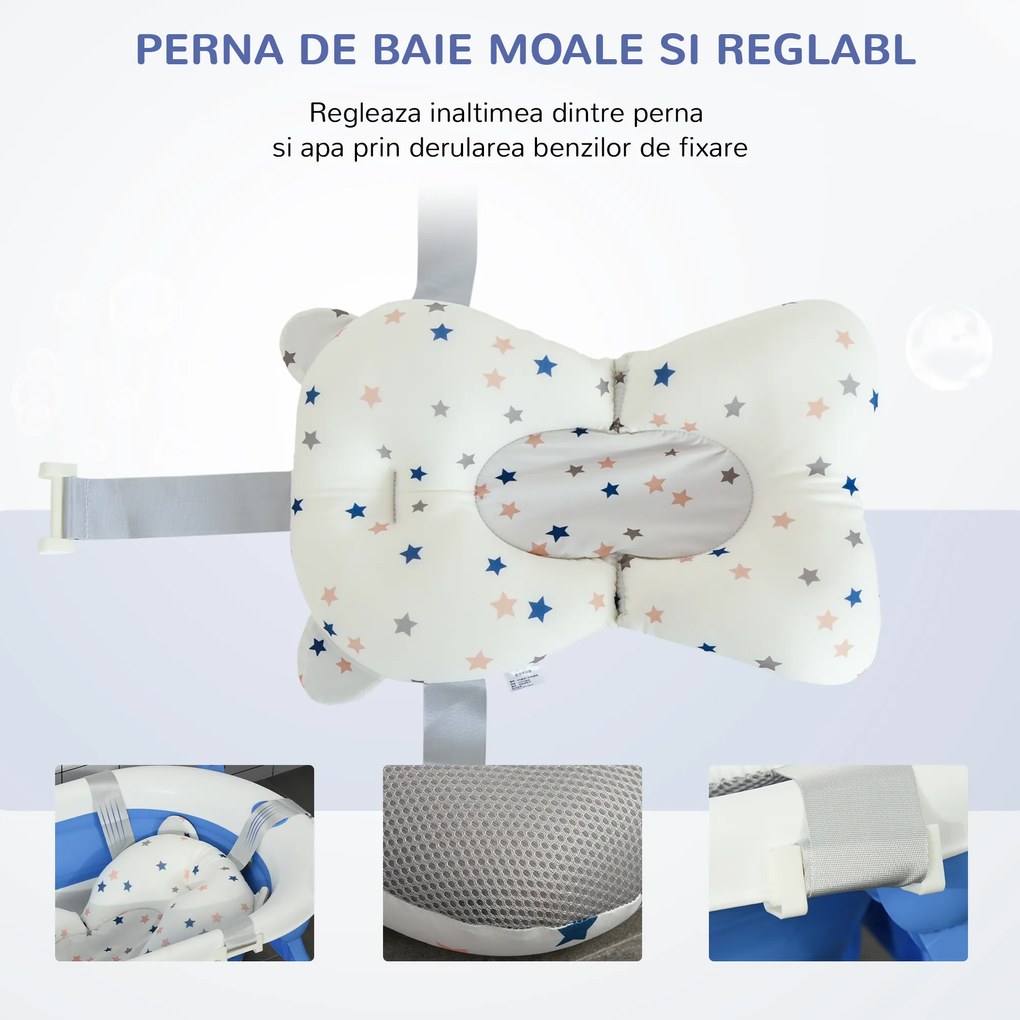 HOMCOM Cadă Pliabilă cu Indicator de Temperatură și Pernuță, Albastru, 81.5x50.5x23.5 cm, pentru Bebeluși 0-3 Ani | Aosom Romania