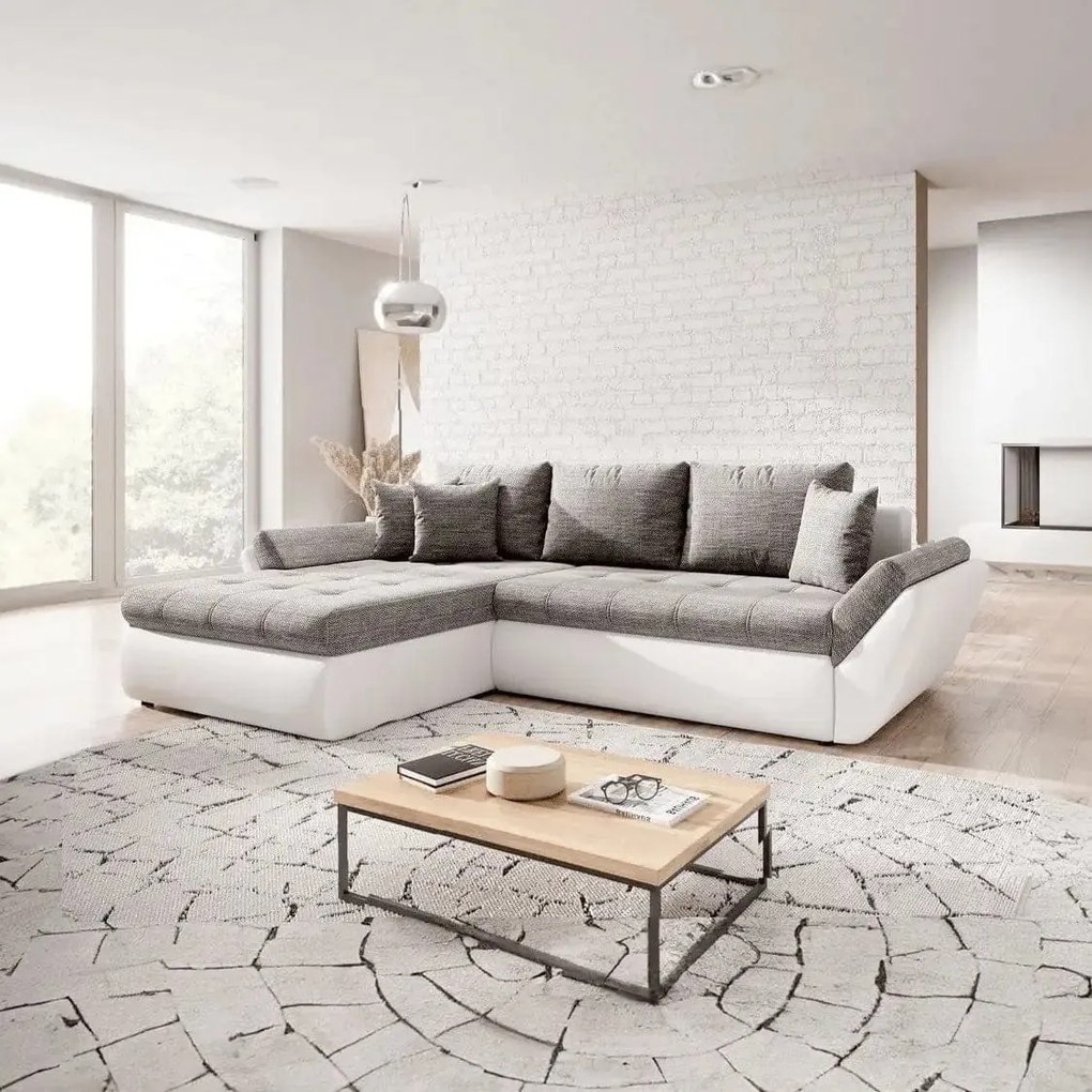 Colțar extensibil dumonde cu ladă de depozitare si sezut confortabil din spuma high-density, Loana Magma White II 275x185 cm