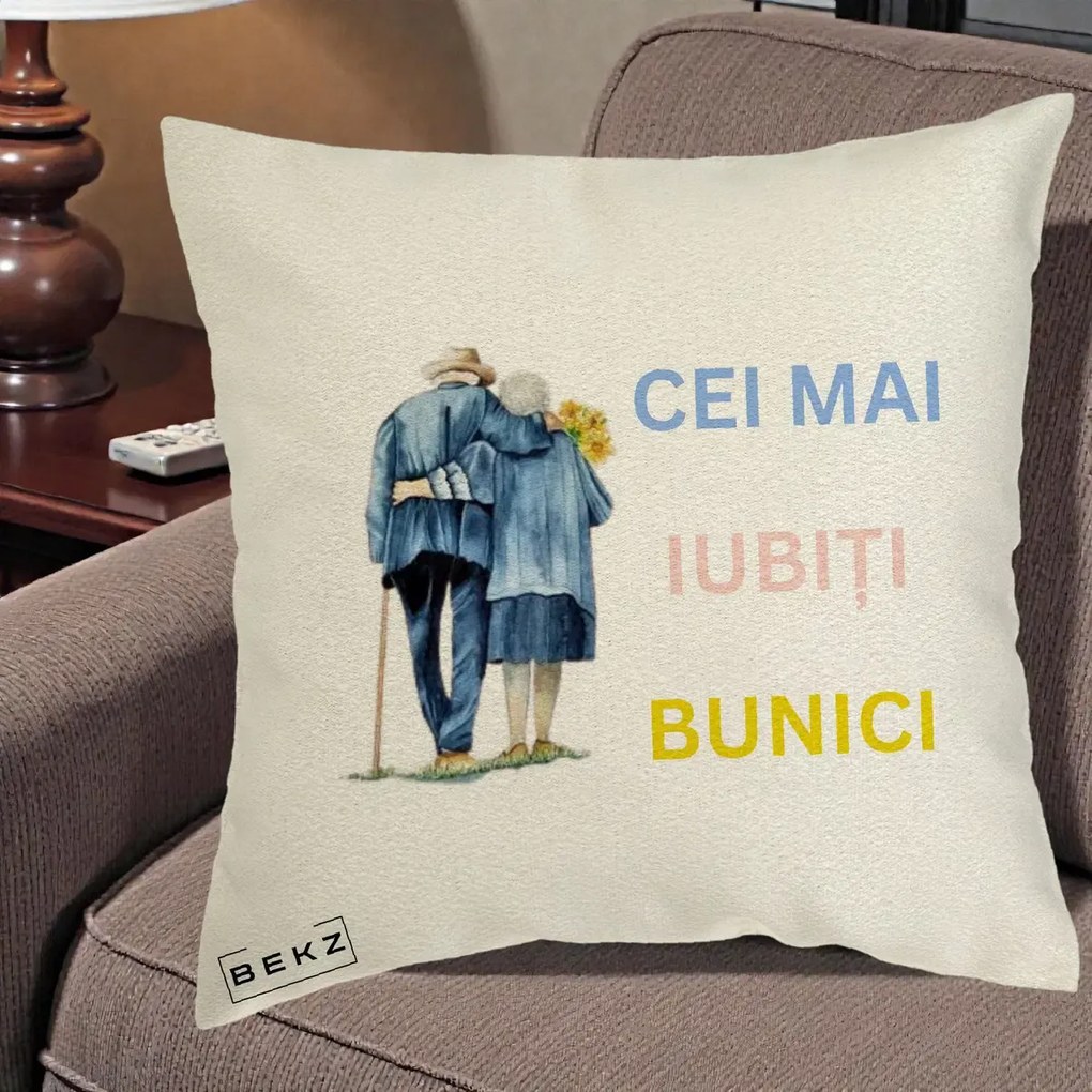 Cadou pentru Bunici - Perna Personalizata Cei Mai Iubiti Bunici Acuarela Spate, 40x40 cm, Ecru, Husa Detasabila, Perna Inclusa, BEKZ®