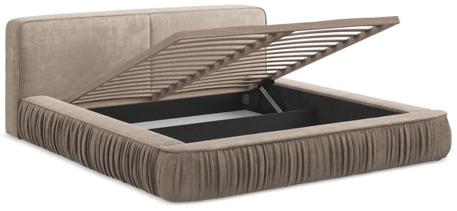 Pat dublu tapițat bej cu spațiu de depozitare cu grilă 160x200 cm Keoni - Makamii