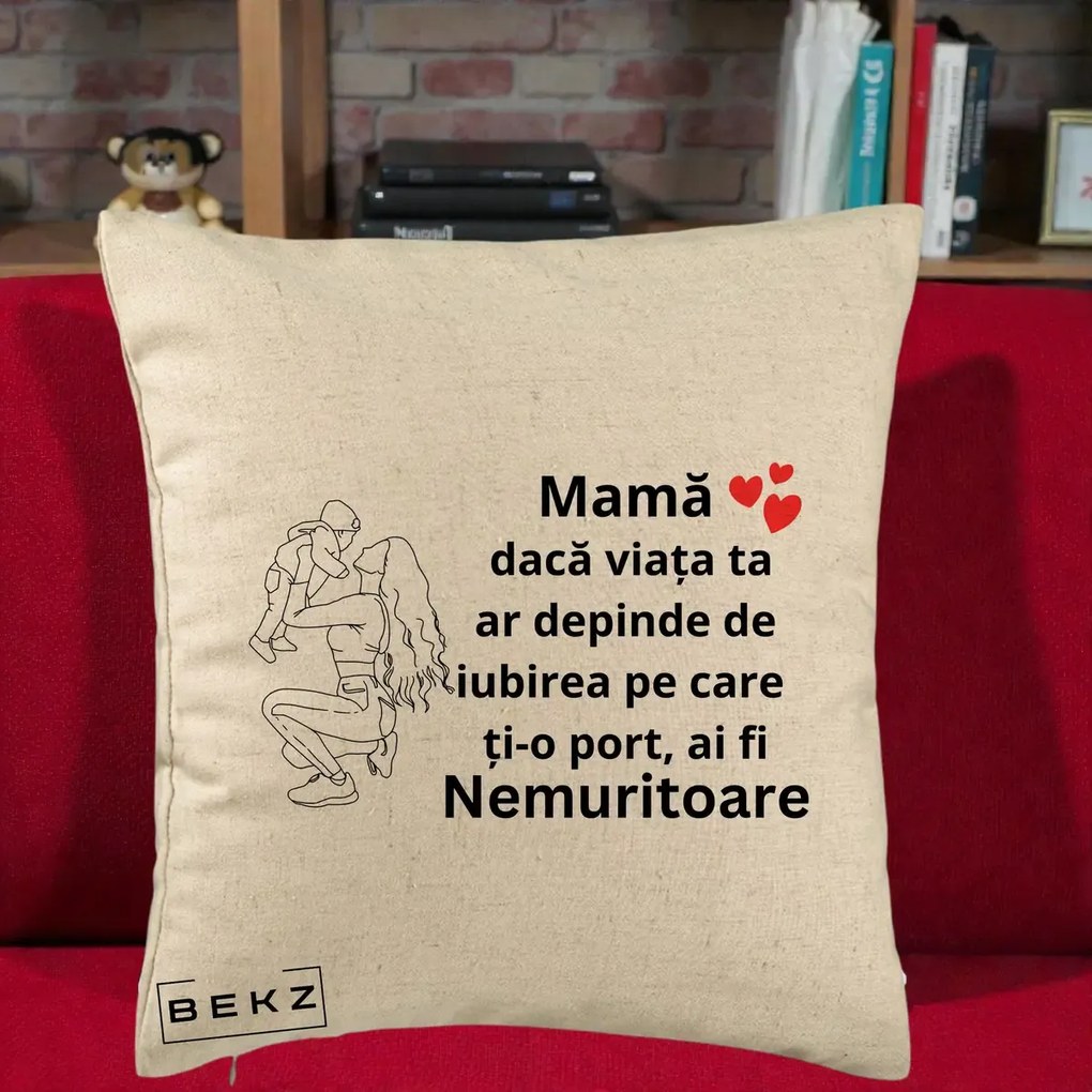 Cadou pentru Mama - Perna Personalizata Mama Nemuritoare Portret Graphic, 40x40 cm, Bej, Husa Detasabila, Perna Inclusa, BEKZ®