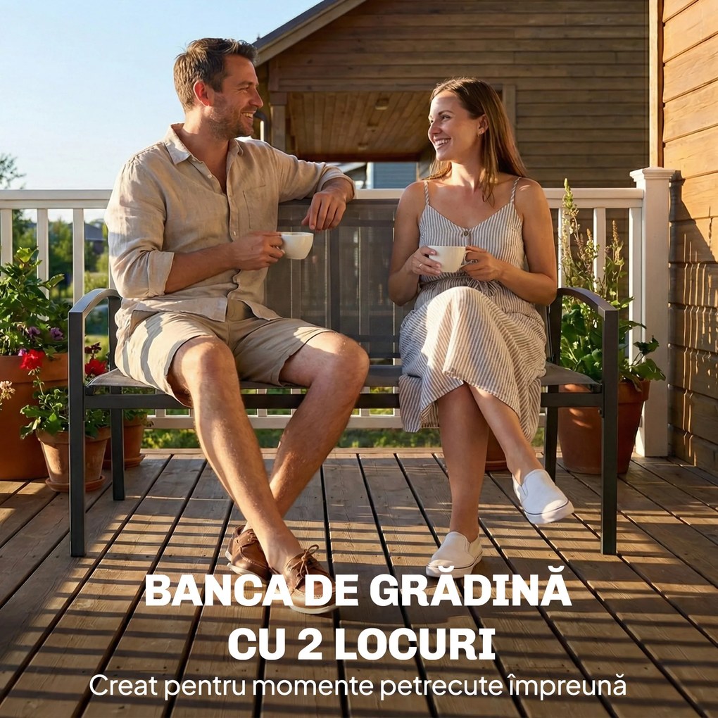 Outsunny bancă de grădină din metal, 2 locuri, material respirabil Texteline, culoare gri. | Aosom Romania