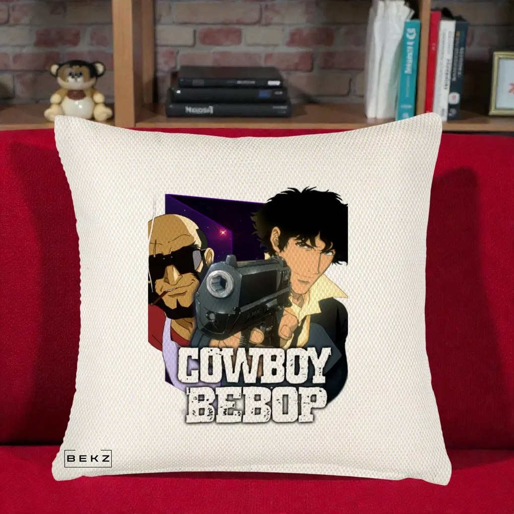 Perna Personalizata Cowboy Bebop Spike si Jet Poster, 40x40 cm, Crem Reliefat, Husa Detasabila, Perna Inclusa, BEKZ®