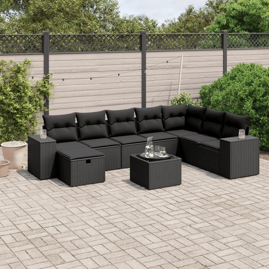 vidaXL Set mobilier de grădină cu perne, 9 piese, negru, poliratan