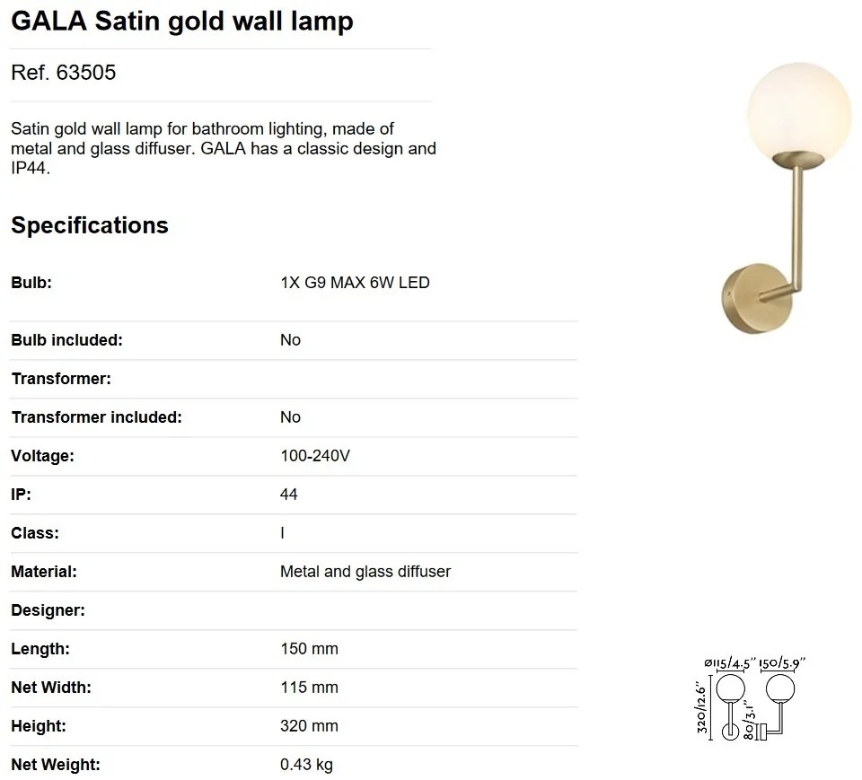 Aplica de perete baie cu protectie IP44 GALA Satin gold 63505