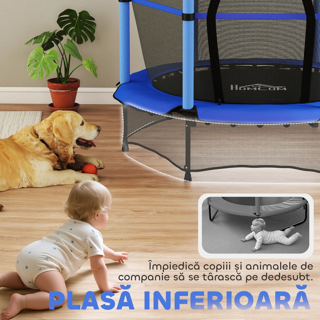 HOMCOM Trambolină Elastică pentru Copii cu Plasă de Siguranță și Țevi Căptușite, Vârstă 3-10 Ani, Ø140x190 cm, Albastru | Aosom Romania