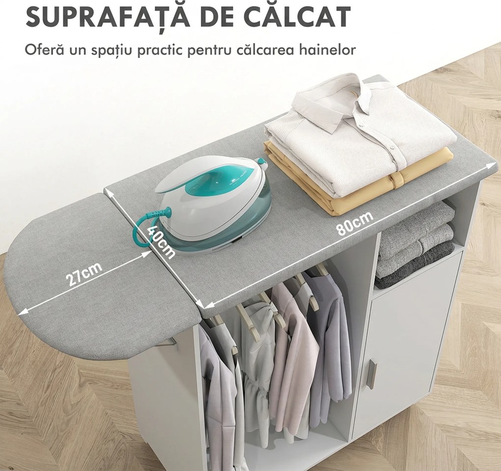 HOMCOM Dulap Multifuncțional cu Masă de Călcat | Blat din Tesatura Efect In | 3 Rafturi | Ghidaj pentru Agățat | 127x42.5x99 cm | Alb | Aosom Romania