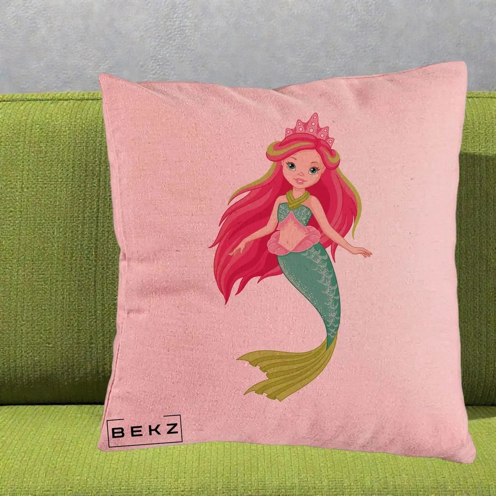 Perna Decorativa Sirena Roz cu Coroana, 40x40 cm, Roz, Husa Detasabila, Perna Inclusa, BEKZ®