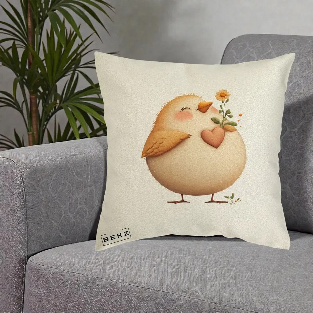 Perna Decorativa Pui cu Inima si Floarea-Soarelui, 40x40 cm, Ecru, Husa Detasabila, Perna Inclusa, BEKZ®