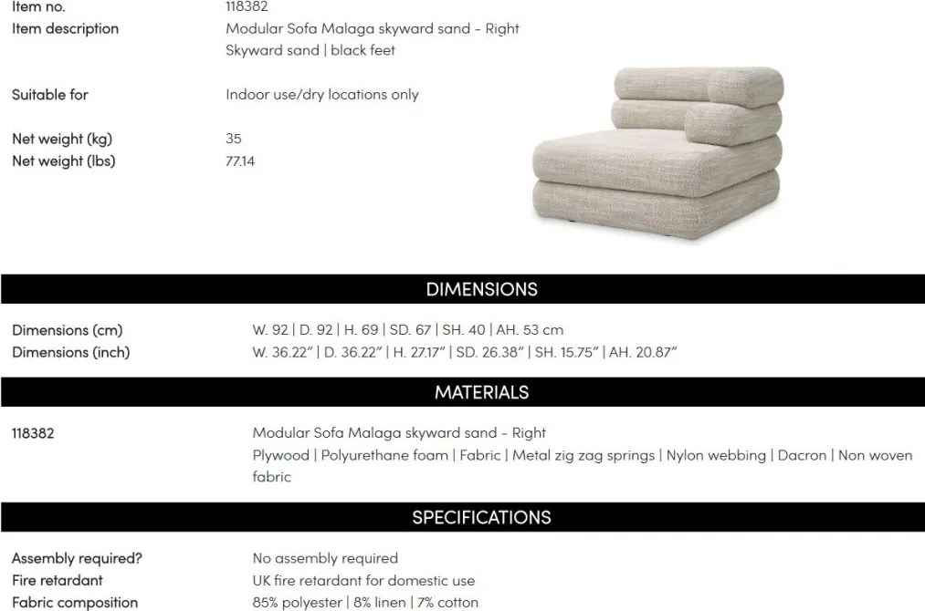 Modul dreapta pentru canapeaua design LUX Malaga