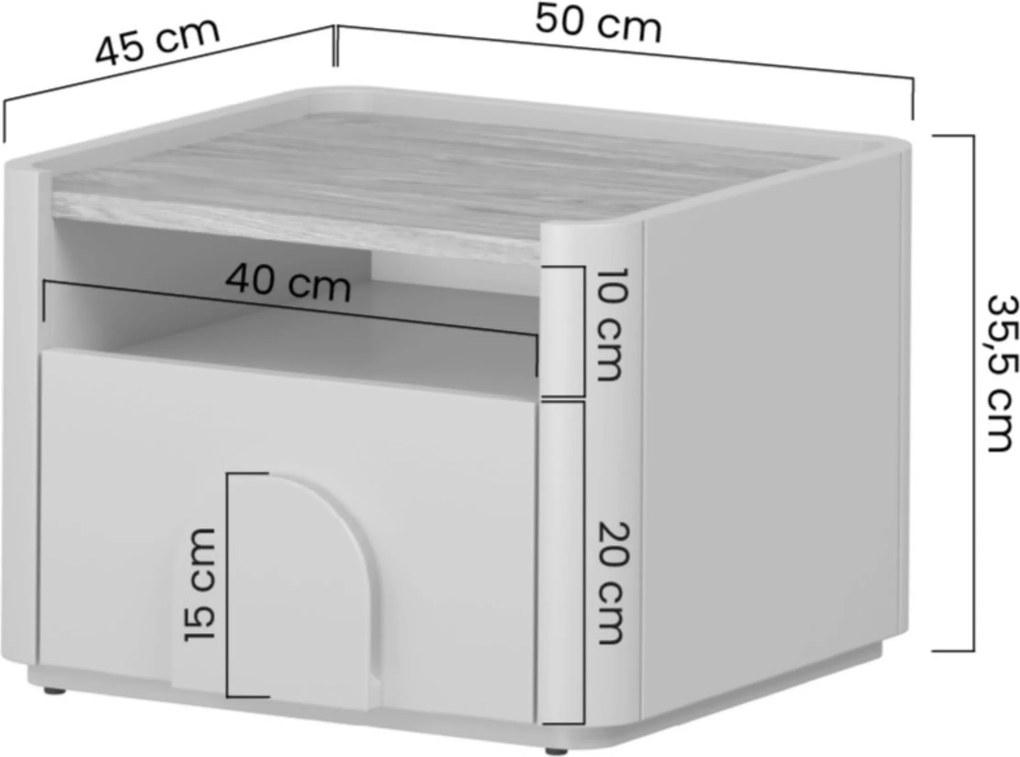 Noptieră Amilio cu sertar 50 cm - cașmir / stejar uleiat / mânere cașmir