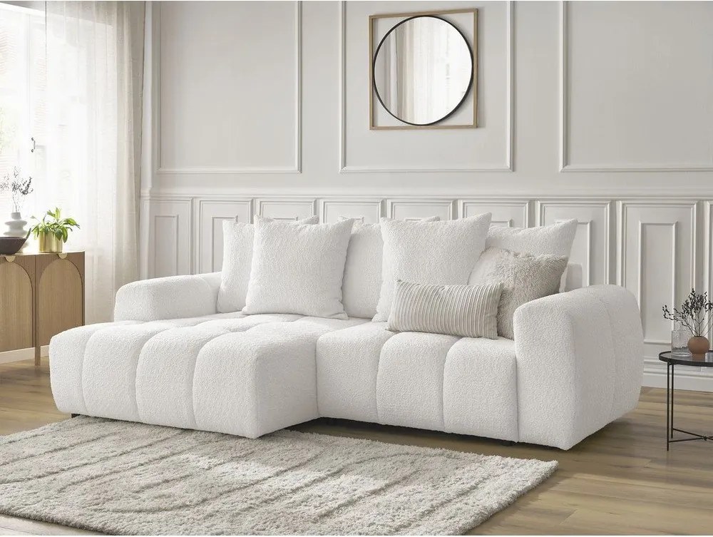 Colțar alb extensibil/cu spațiu de depozitare cu tapițerie din țesătură bouclé (cu colț pe partea stângă/cu șezlong) Roxelane – Bobochic Paris