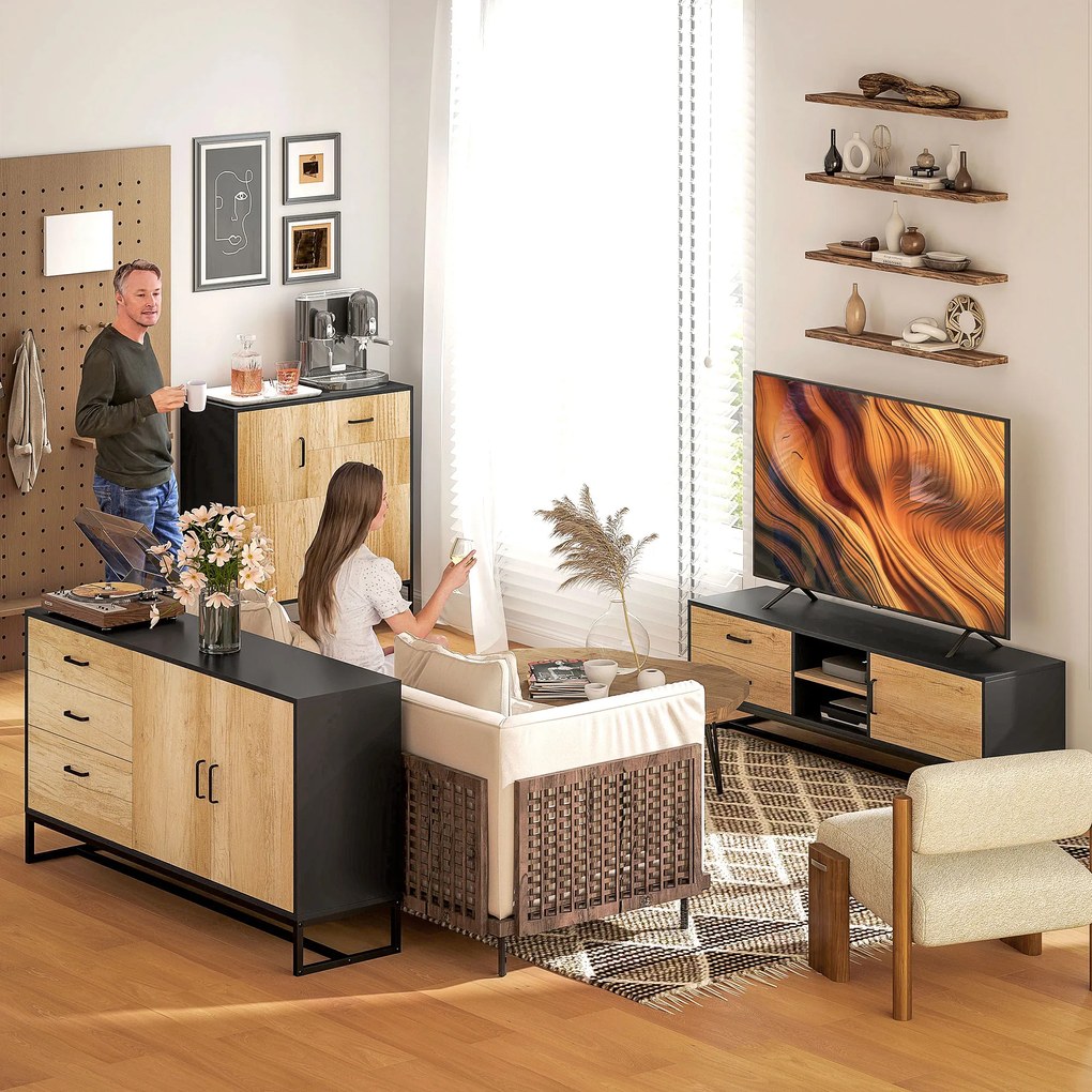 HOMCOM Mobilier pentru TV de 60" cu Dulăpior, 2 Sertare și Rafturi Deschise Reglabile, 140x35x45 cm, Lemn Natural | Aosom Romania