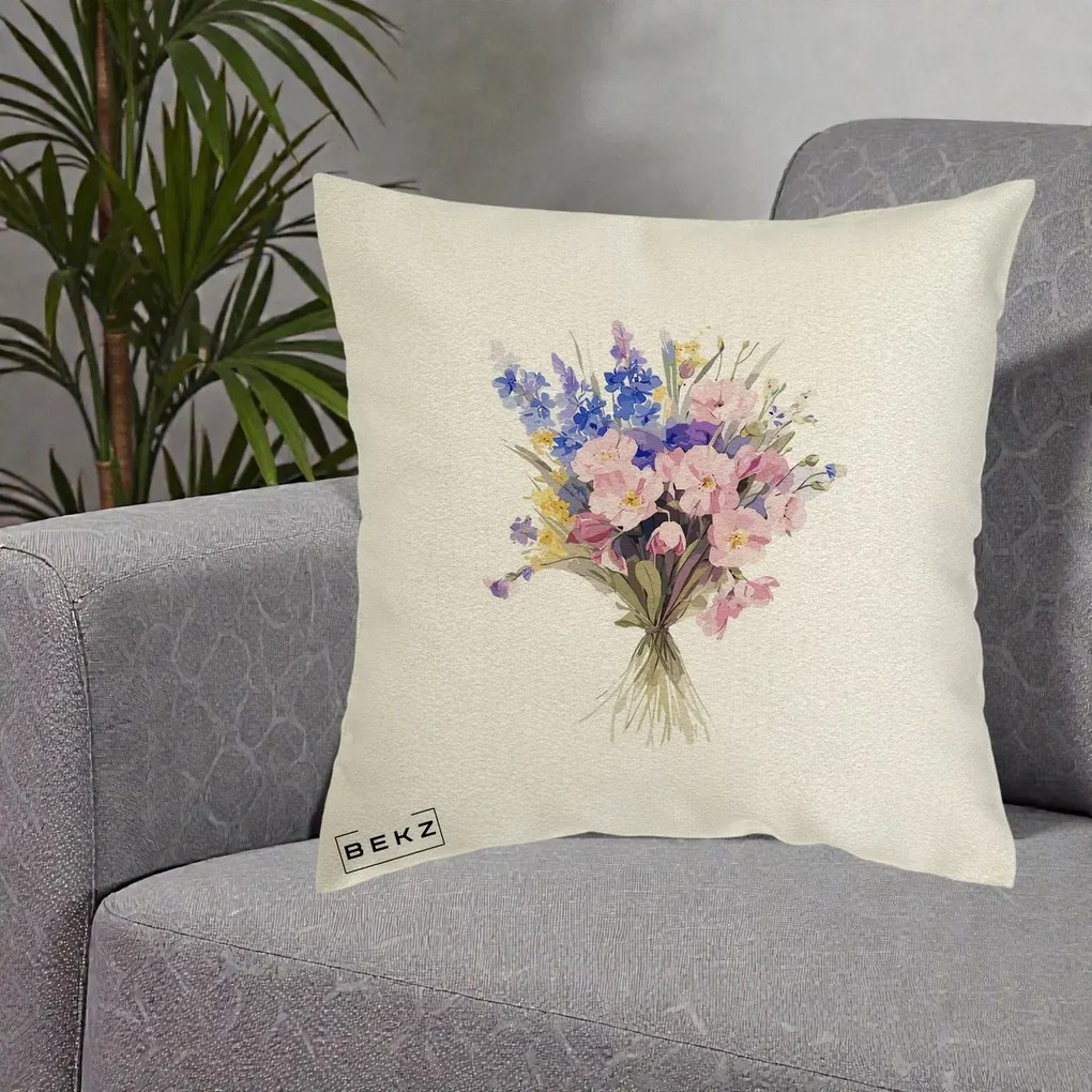 Perna Decorativa Buchet Floral Acuarela Primavara, 40x40 cm, Ecru, Husa Detasabila, Perna Inclusa, BEKZ®
