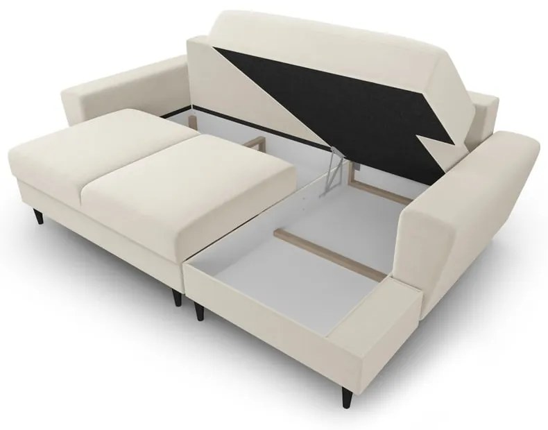 Colțar bej extensibil, cu spațiu de depozitare cu tapițerie din catifea (cu colț pe partea dreaptă, cu șezlong) Kyoto – Cosmopolitan Design