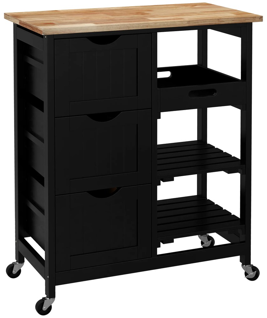 HOMCOM Cărucior servire bucătărie pe roți, blat din lemn, 3 sertare și 1 blat detașabil, 67 x 37 x 85,5 cm, negru | Aosom Romania
