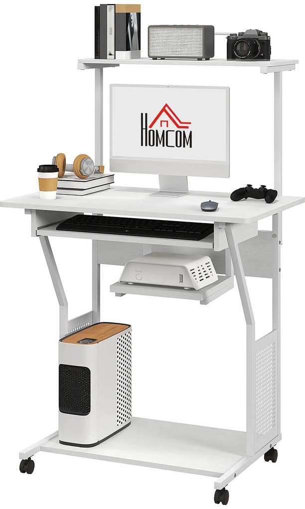 HOMCOM Birou de calculator pe role cu rafturi de depozitare, stație de lucru și suport pentru tastatură, 80x50x130cm, alb | Aosom Romania
