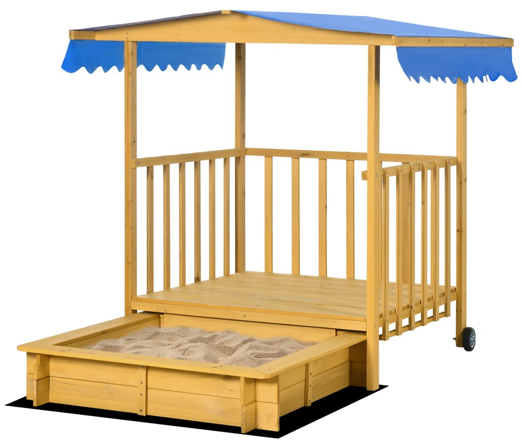 Outsunny Nisipar Nisipar cu Casa de Joaca Nisipar cu Acoperis, 133 x 129 x 137, 5 cm, Lemn + Albastru | Aosom Romania
