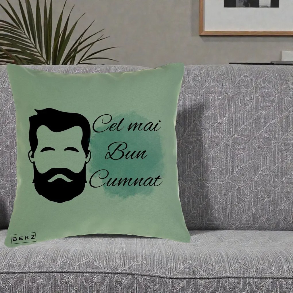 Cadou pentru Cumnat - Perna Personalizata Cel mai Bun Cumnat cu Portret Barbat si Pete Teal, 40x40 cm, Verde, Husa Detasabila, Perna Inclusa, BEKZ®