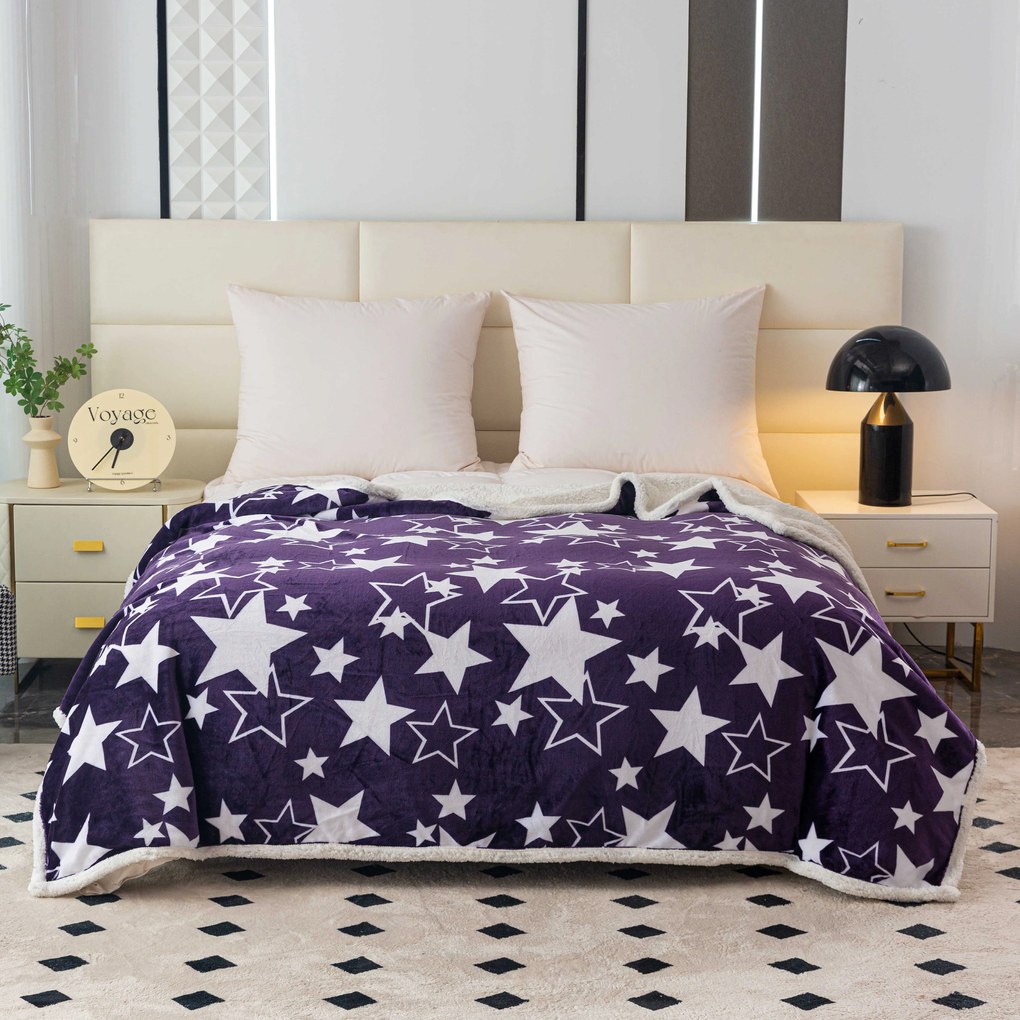 Patura miel din microplus de Craciun STARS violet Dimensiune: 160 x 200 cm