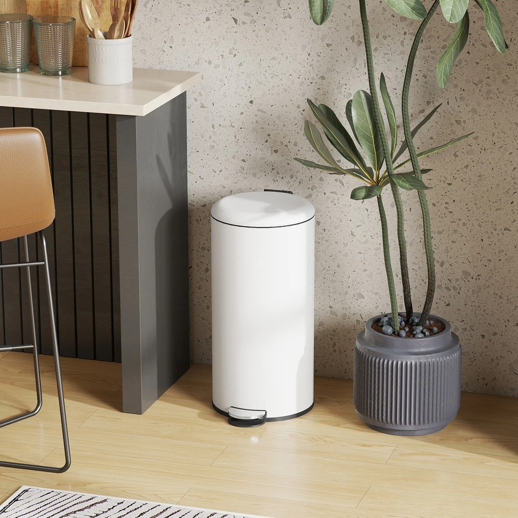 HOMCOM Coș de Gunoi cu Pedală de 30L, Capac cu Închidere Delicată, Metal și PP, 36x30x63.5 cm, Crem | Aosom Romania