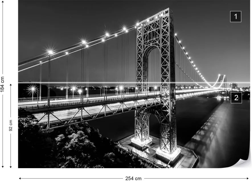 GLIX Fototapet - City Skyline Bridge At Night Black And White Vliesová tapeta  - 254x184 cm