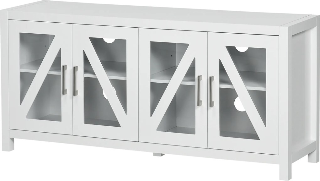 HOMCOM Comodă TV pentru living masă pentru televizoare de până la 147,3 cm cu 4 uși din sticlă, rafturi reglabile 130x35x60 cm Alb | Aosom Romania