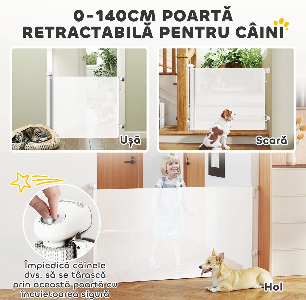 Poartă Retractabilă PawHut 140cm Albă | Aosom Romania