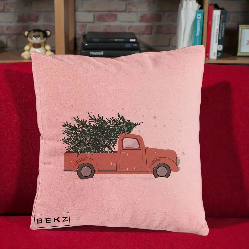 Perna Decorativa Camioneta Terracotta Brad de Craciun, 40x40 cm, Roz, Husa Detasabila, Perna Inclusa, BEKZ®