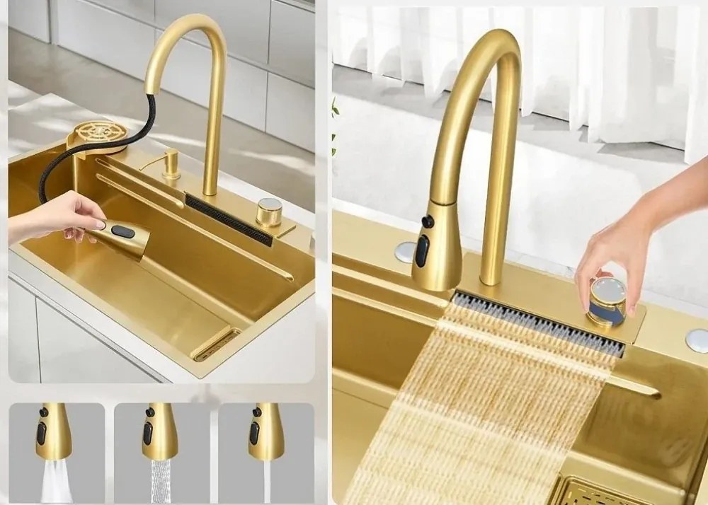RESIGILAT- Chiuvetă de bucătărie, multifuncțională, oțel inoxidabil, Auriu, CS03