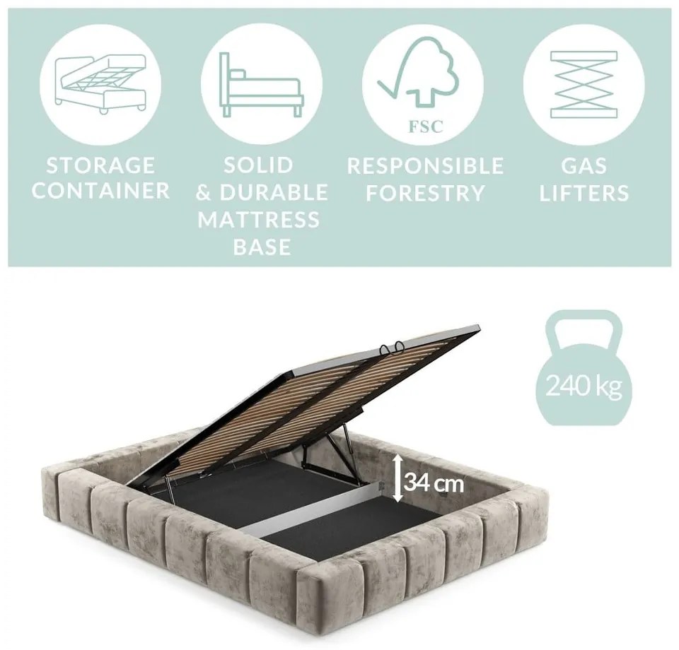 Pat matrimonial bej tapițat cu spațiu de depozitare cu somieră 160x200 cm Aruba L – Maison de Rêve