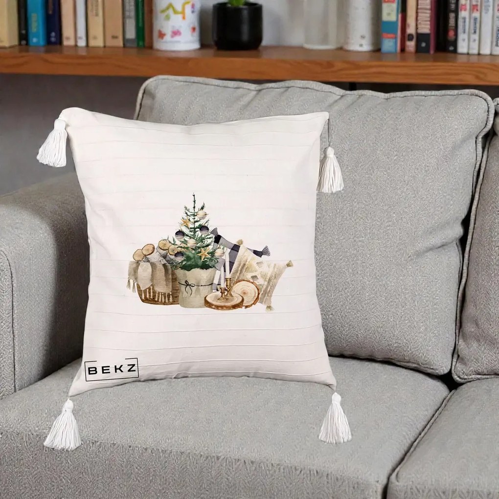 Perna Decorativa Colt Cozy de Craciun Boho, 40x40 cm, Bej cu Franjuri, Husa Detasabila, Perna Inclusa, BEKZ®