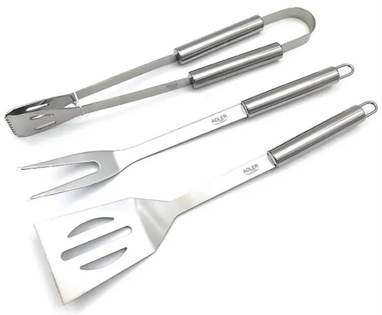Set ustensile pentru gratar Adler AD 6729, 4 piese, Otel inoxidabil, Carcasa din aluminiu, Orificii de agatare, Argintiu