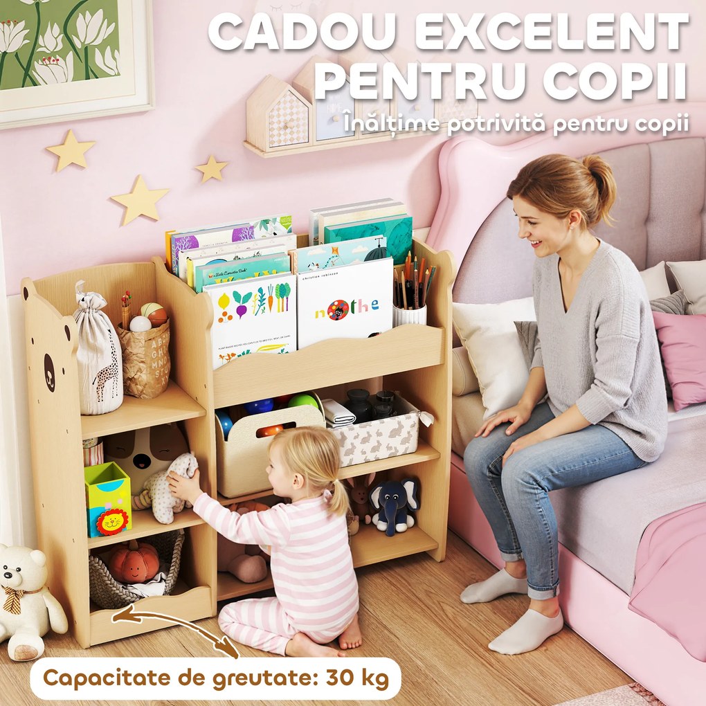 AIYAPLAY Raft pentru Jucării pentru Copii 3-8 Ani cu 7 Rafturi Deschise, Mobilier pentru Copii din MDF, 92x29x79 cm, Culoare Lemn | Aosom Romania