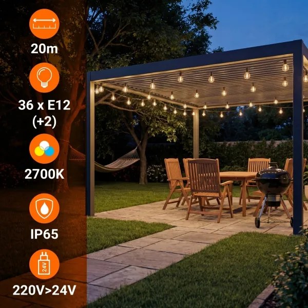 Ghirlandă decorativă LED reglabilă pentru exterior 36xE12/1W/24/230V 22,35 m IP65 neagră + telecomandă