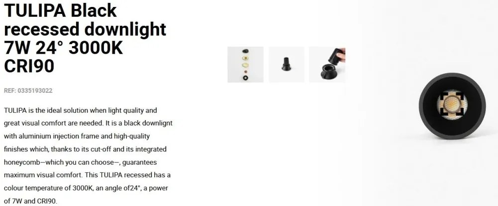 Spot LED incastrabil TULIPA Black recessed downlight 7W 24° 3000K CRI90