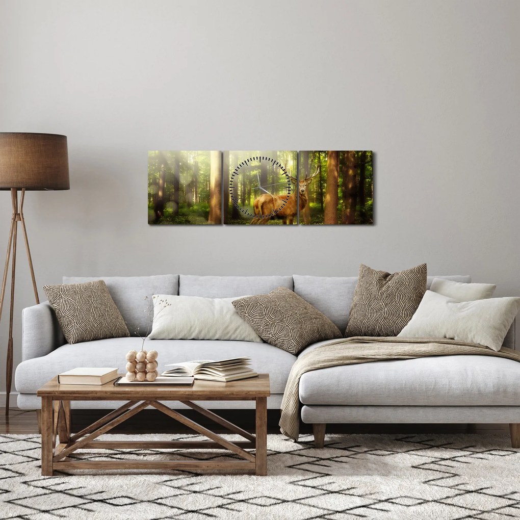 Tablou cu cerbul în pădure (cu ceas) (90x30 cm)