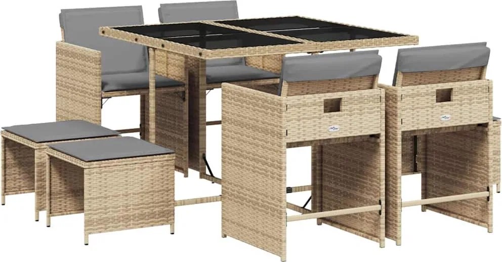 vidaXL Set de masă pentru grădină, 9 piese, cu perne, bej, poliratan