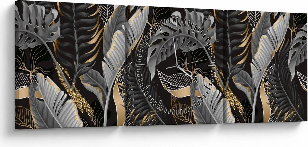 Tablou - Frunze tropicale, Galben - auriu (cu ceas) (90x30 cm)